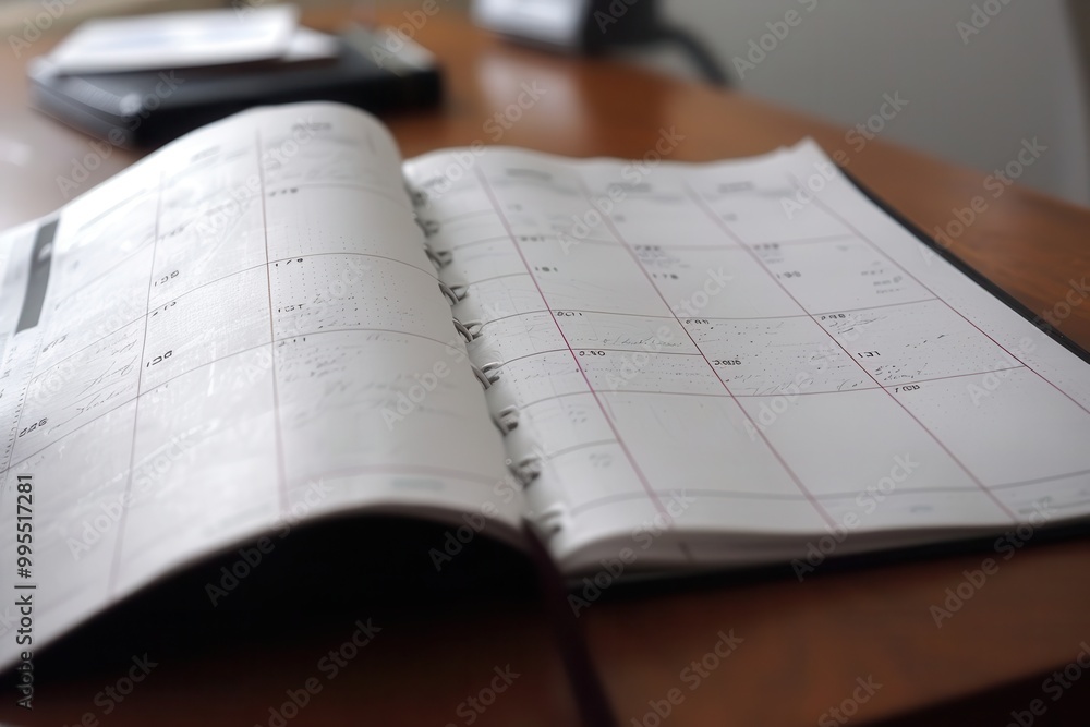 A productive workspace featuring a calendar, cup of coffee, and a pen under soft morning light, showcasing a refreshing start to the day in a modern office setting