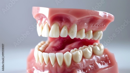 Close-up of a dental model showing a set of perfect teeth. photo