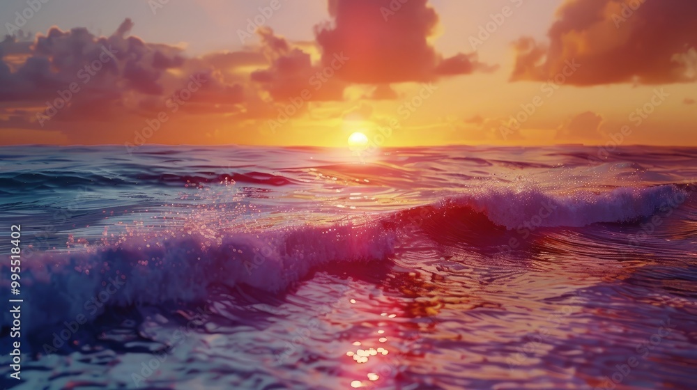Naklejka premium A breathtaking sunset over a tranquil ocean with waves gently lapping the shore.