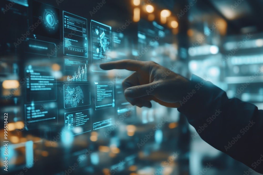 A hand interacts with a futuristic digital interface displaying data and graphics. A hand interacts with a futuristic digital interface displaying data and graphics.