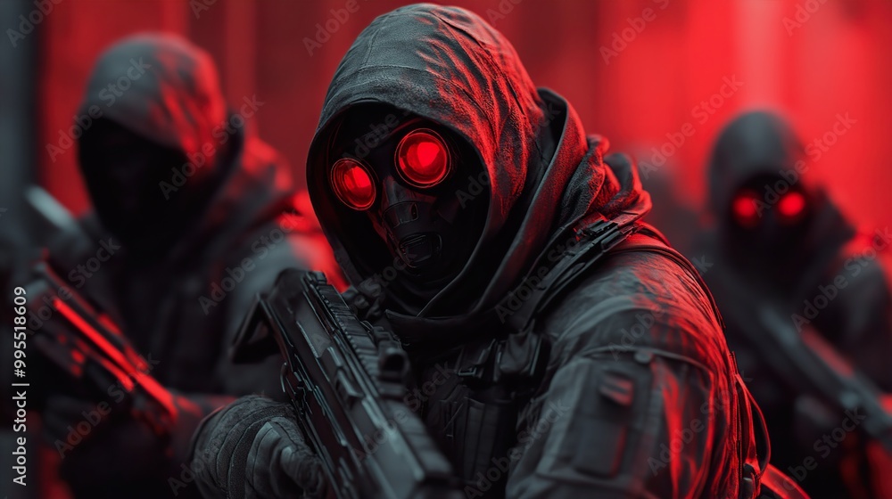 Hooded Soldiers in Red Light: Tactical Combat Scene Hooded Soldiers in Red Light: Tactical Combat Scene