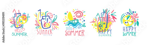 Happy Summer Logo Original Design with Bright Element Vector Set