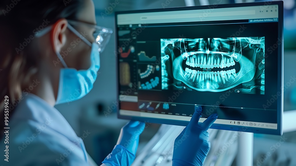 Fototapeta premium Dentist examines a dental x-ray on a computer screen in a dental office.