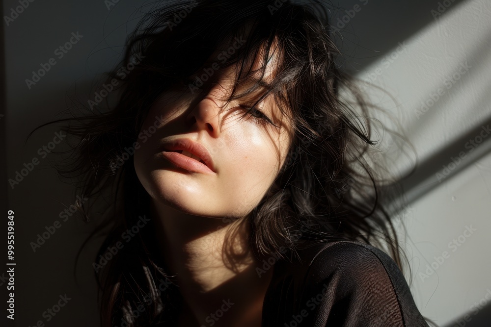 A profile view of a woman illuminated by sunlight casting shadows on her face, creating artistic patterns, in a dimly lit urban environment during the late afternoon A profile view of a woman illuminated by sunlight casting shadows on her face, creating artistic patterns, in a dimly lit urban environment during the late afternoon