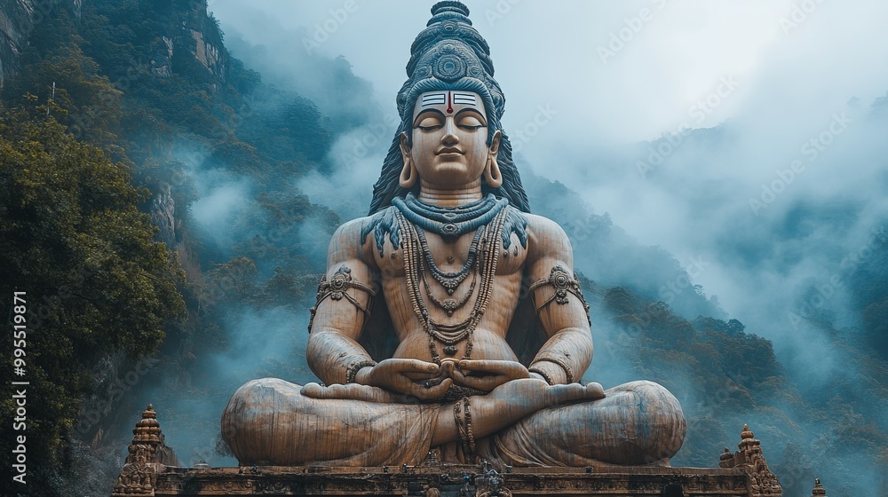 Majestic statue of a meditating deity surrounded by misty mountains Majestic statue of a meditating deity surrounded by misty mountains