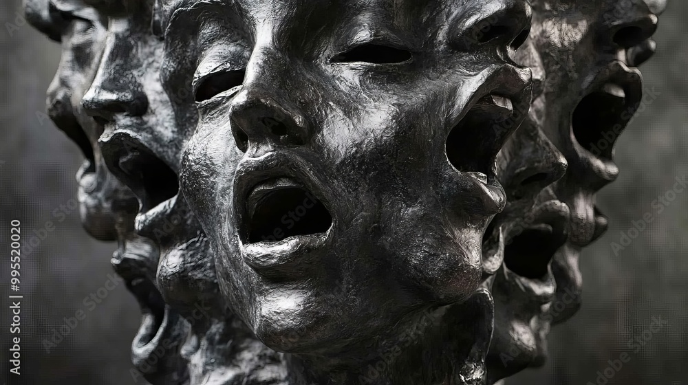 Sculpture of faces shows emotion in an art gallery Sculpture of faces shows emotion in an art gallery