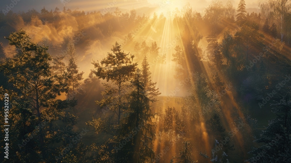 Obraz premium A captivating sunrise over a misty forest with sunbeams filtering through the trees.