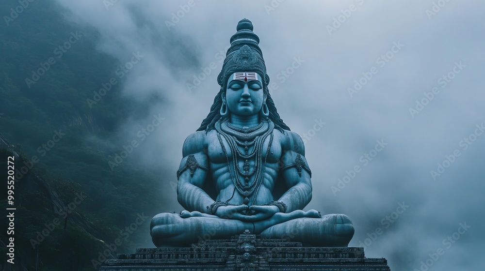 Majestic blue statue of Lord Shiva surrounded by misty mountains at twilight Majestic blue statue of Lord Shiva surrounded by misty mountains at twilight