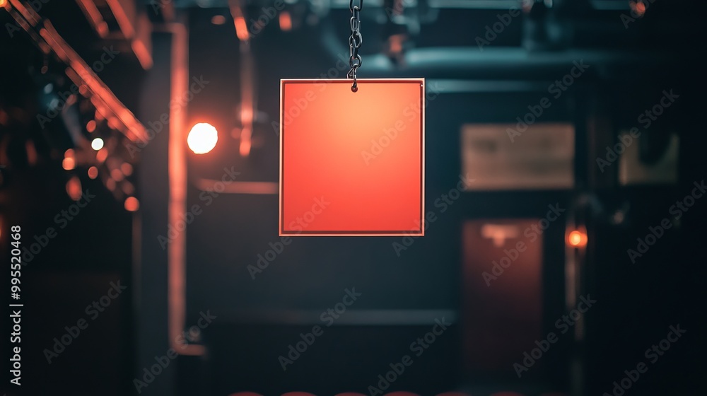 Naklejka premium Empty theater stage with a single red square suspended in dim lighting
