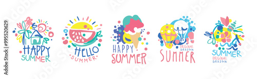 Happy Summer Logo Original Design with Bright Element Vector Set