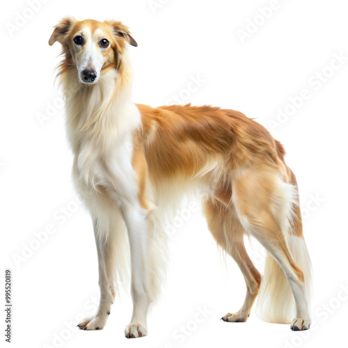 Elegant Borzoi dog standing gracefully against a transparent or white isolated background.