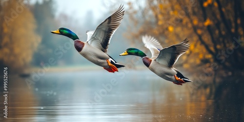 Two mallard ducks gracefully take flight over a serene lake. The scene captures the beauty of nature in a tranquil setting. Perfect for wildlife enthusiasts and nature lovers. AI