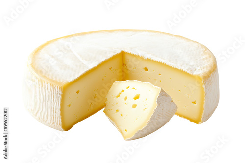 Sheep cheese with white rind isolated on white background. Concept of dairy products