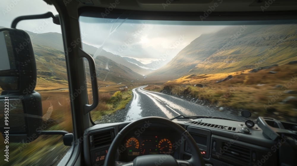 Naklejka premium A Scenic Drive Through Mountains: Open Road Adventure Under Dramatic Skies