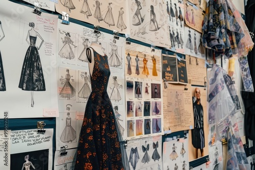 Fashion designer reviewing sketches and designs for a new collection at an art studio during a creative brainstorming session in the late afternoon photo