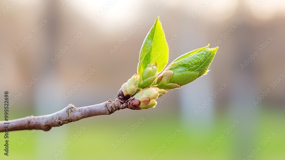 New buds on a tree branch, symbolizing the start of spring and renewal New buds on a tree branch, symbolizing the start of spring and renewal