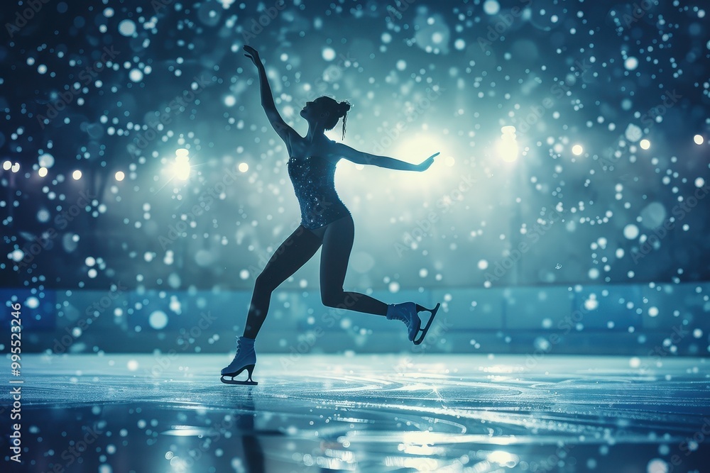 A graceful ice skater performs a stunning figure skating routine under twinkling lights during a snowy evening in a winter wonderland A graceful ice skater performs a stunning figure skating routine under twinkling lights during a snowy evening in a winter wonderland