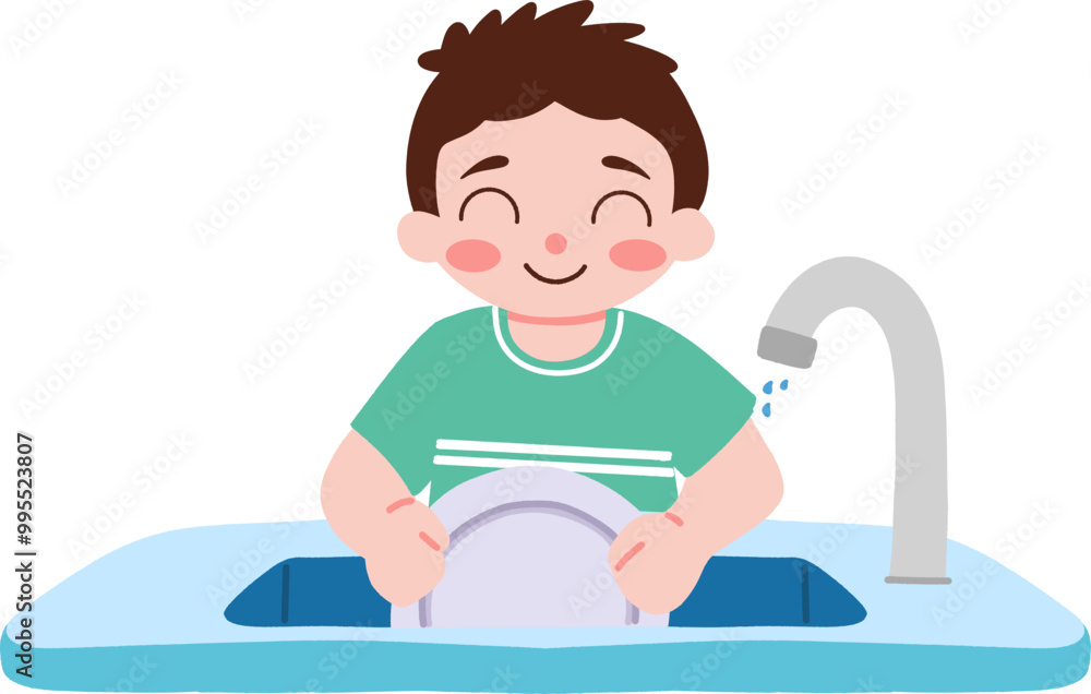 Illustration of a child washing dishes at a sink with running water Illustration of a child washing dishes at a sink with running water