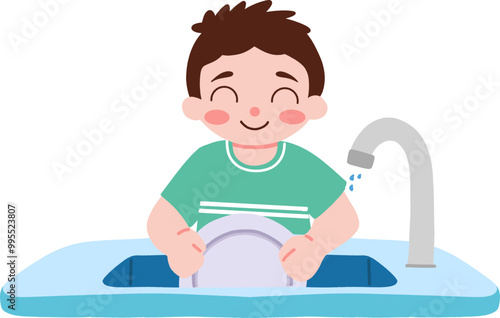 Illustration of a child washing dishes at a sink with running water