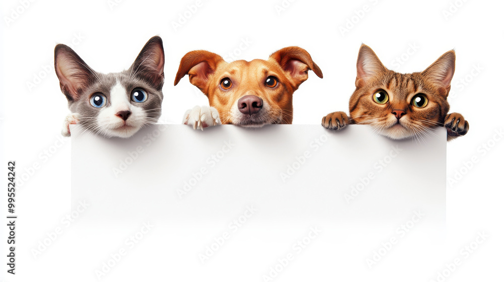Smiling Dog and cat peeking over a blank white board on transparency background PNG Smiling Dog and cat peeking over a blank white board on transparency background PNG
