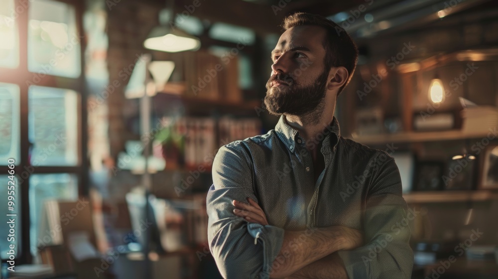 Fototapeta premium Thoughtful man in a stylish cafe, arms crossed, reflecting on ideas and inspiration. Warm lights create a cozy atmosphere for creativity.