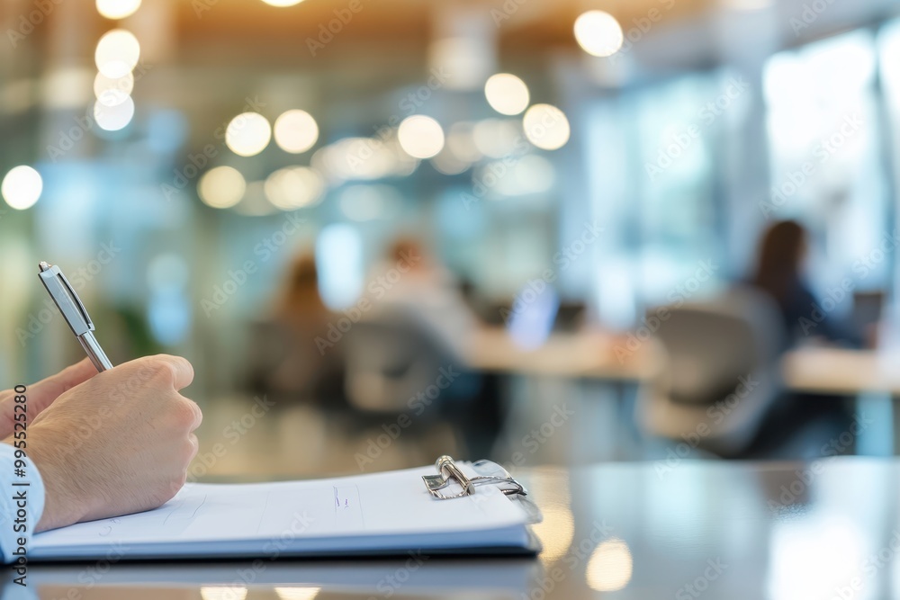 A hand writing on a clipboard in a modern office setting with blurred colleagues. A hand writing on a clipboard in a modern office setting with blurred colleagues.