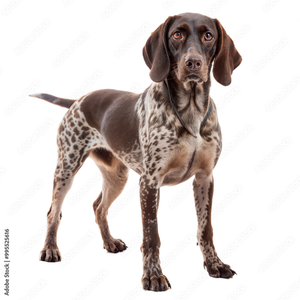 A majestic German Shorthaired Pointer posing elegantly on a transparent or white isolated background. A majestic German Shorthaired Pointer posing elegantly on a transparent or white isolated background.