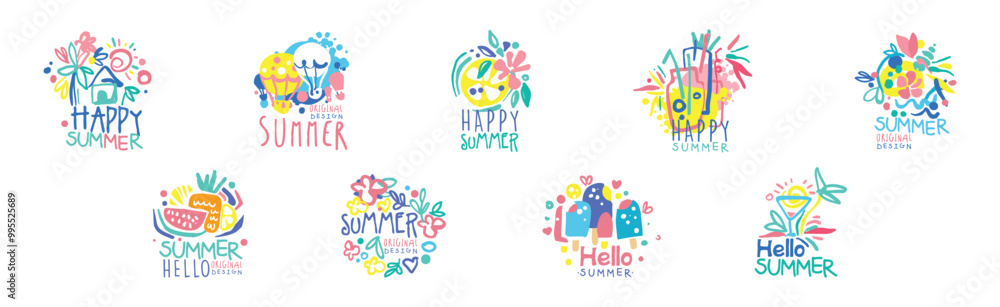 Fototapeta premium Happy Summer Logo Original Design with Bright Element Vector Set