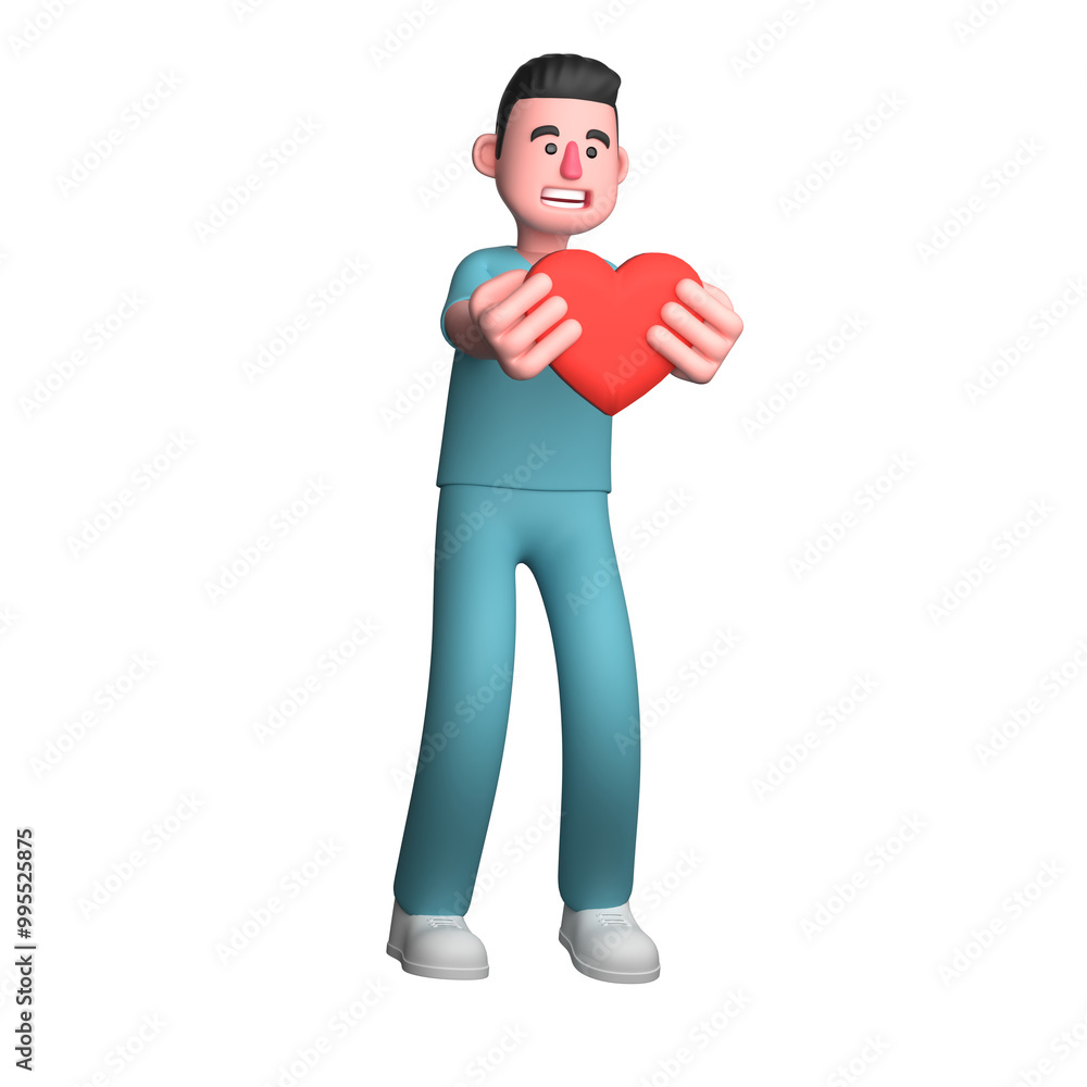 Nurse in 3D. A male nurse is seen standing with both hands raised in front of his body carrying a red heart-shaped box. Male Professional Nurse in 3D. A male nurse is seen standing with both hands raised in front of his body carrying a red heart-shaped box. Male Professional