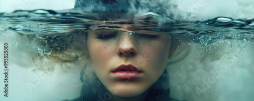 serene underwater portrait captures woman with closed eyes, partially submerged in water, creating tranquil and ethereal atmosphere. bubbles and ripples enhance dreamlike quality of image