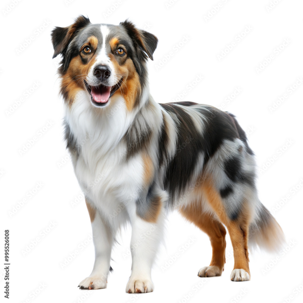 A happy Australian Shepherd dog standing proudly, showcasing its beautiful coat and cheerful demeanor. isolated on a white or transparent background. A happy Australian Shepherd dog standing proudly, showcasing its beautiful coat and cheerful demeanor. isolated on a white or transparent background.