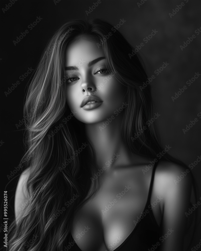 A sultry woman in a black and white portrait captivates with her gaze and alluring presence. A sultry woman in a black and white portrait captivates with her gaze and alluring presence.