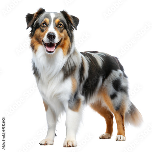 A happy Australian Shepherd dog standing proudly, showcasing its beautiful coat and cheerful demeanor. isolated on a white or transparent background.