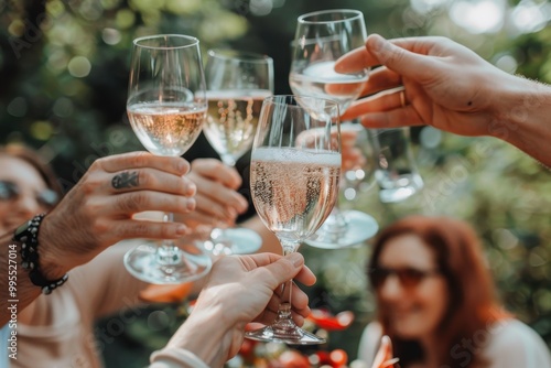 A joyful gathering of friends toasting with champagne in a lush garden during a sunny afternoon celebration