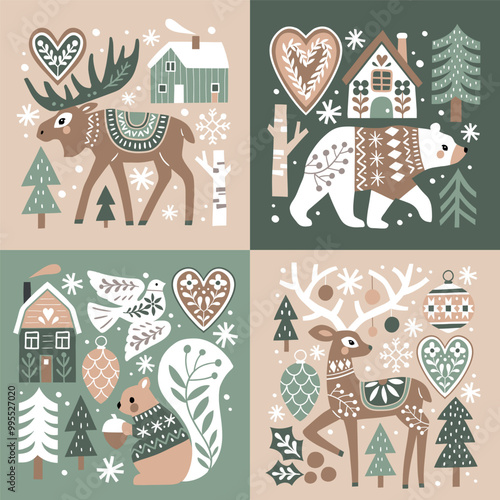 Scandinavian Christmas illustration with cute woodland animals, woods and snowflakes. Hand drawn Nordic forest illustration. Perfect for tee shirt logo, greeting card, poster or print design.