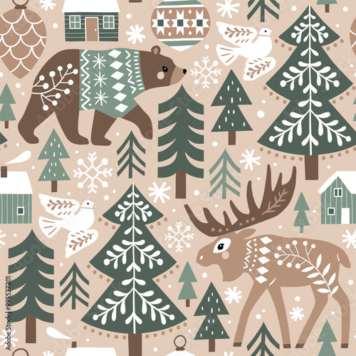 Seamless vector pattern with cute woodland animals, woods and snowflakes. Nordic forest illustration. EPS 10 vector file. Perfect for textile, wallpaper or print design.