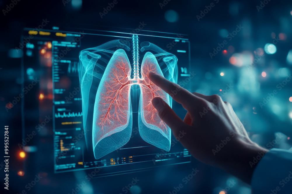 Person, hands and medical x-ray of lungs for asthma, cancer or ...