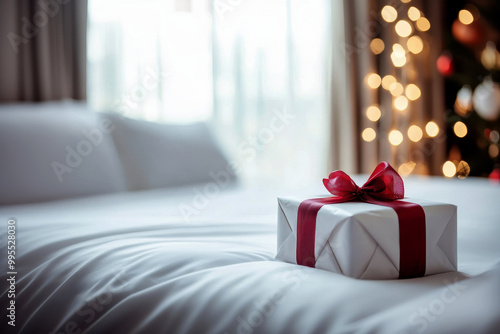 Christmas gift on bed with white bedding. sunny morning with shadow.