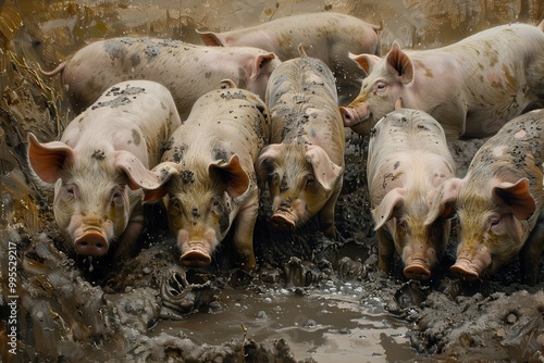 A group of pigs enjoying a muddy puddle in a rural farm setting on a sunny day, highlighting their playful nature and farm life