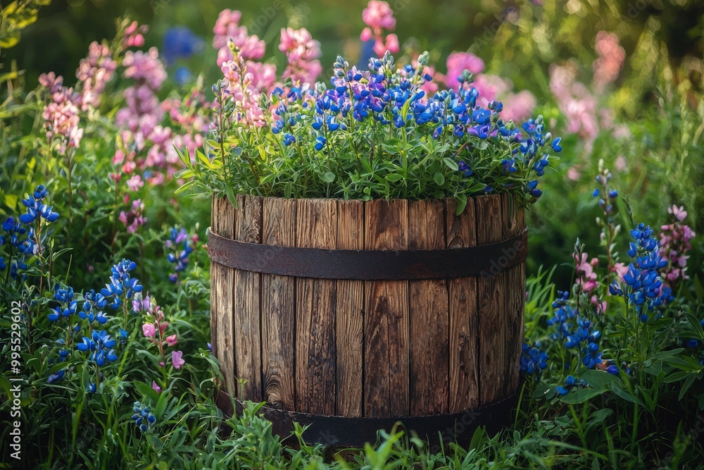 Blue and Pink Flowers in a Rustic Wooden Barrel Blue and Pink Flowers in a Rustic Wooden Barrel