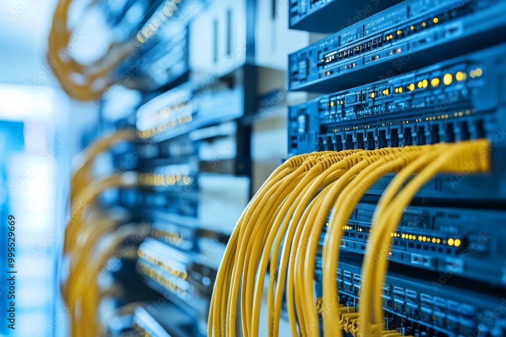 Yellow fiber optic cables connected to a server rack visualizing high speed internet and enterprise level data flow management in a modern IT system Yellow fiber optic cables connected to a server rack visualizing high speed internet and enterprise level data flow management in a modern IT system