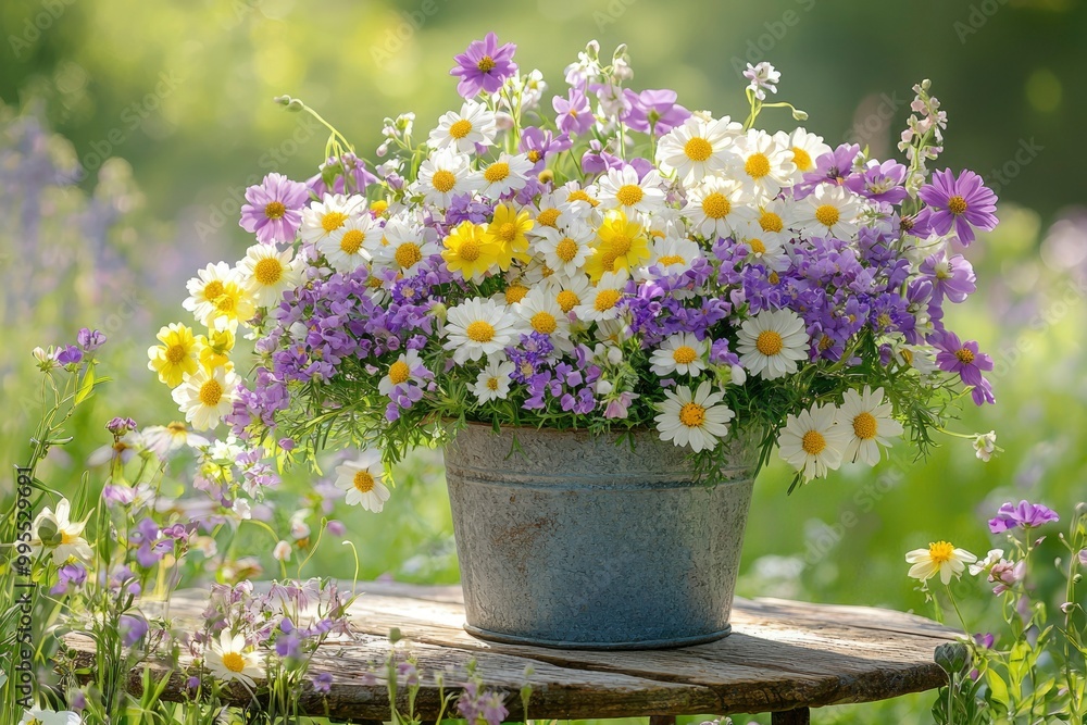 A Rustic Bouquet of White, Yellow, and Purple Flowers in a Metal Pot on a Wooden Table A Rustic Bouquet of White, Yellow, and Purple Flowers in a Metal Pot on a Wooden Table