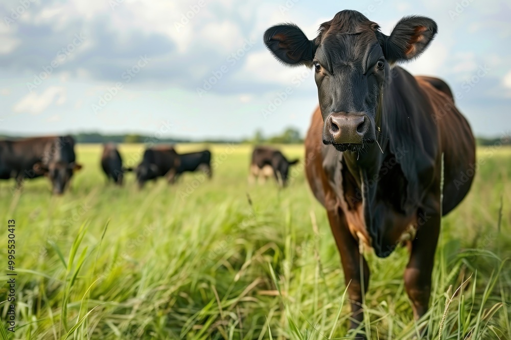 Cattle grazing peacefully in a lush green field during the golden hour on a tranquil countryside landscape Cattle grazing peacefully in a lush green field during the golden hour on a tranquil countryside landscape