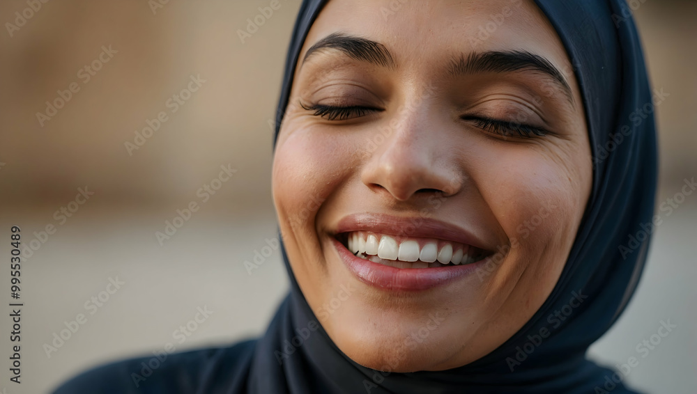 Radiant Smile, Serene Beauty: Close-up portrait of a smiling Muslim woman wearing a hijab, eyes closed in peaceful contentment. A picture of inner peace and happiness. Radiant Smile, Serene Beauty: Close-up portrait of a smiling Muslim woman wearing a hijab, eyes closed in peaceful contentment. A picture of inner peace and happiness.