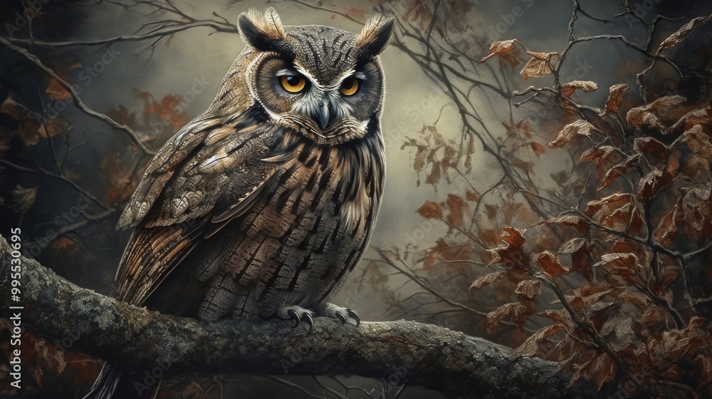 A detailed illustration of an owl perched on a branch in a moody forest. A detailed illustration of an owl perched on a branch in a moody forest.