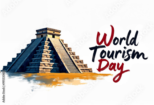 World Tourism Day banner featuring the Chichen Itza pyramid in Mexico, with the text 'World Tourism Day'