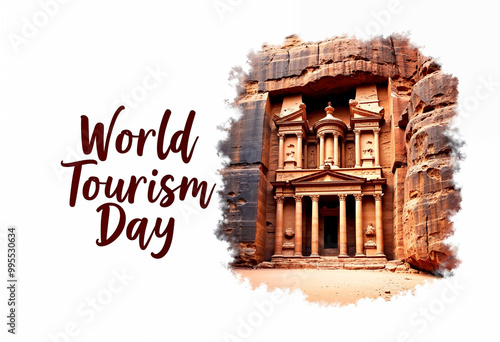World Tourism Day banner with Petra, Jordan, carved  text 'World Tourism Day' 