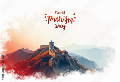 World Tourism Day banner the Great Wall of China in high detail, World Tourism Day' in elegant bold letters.