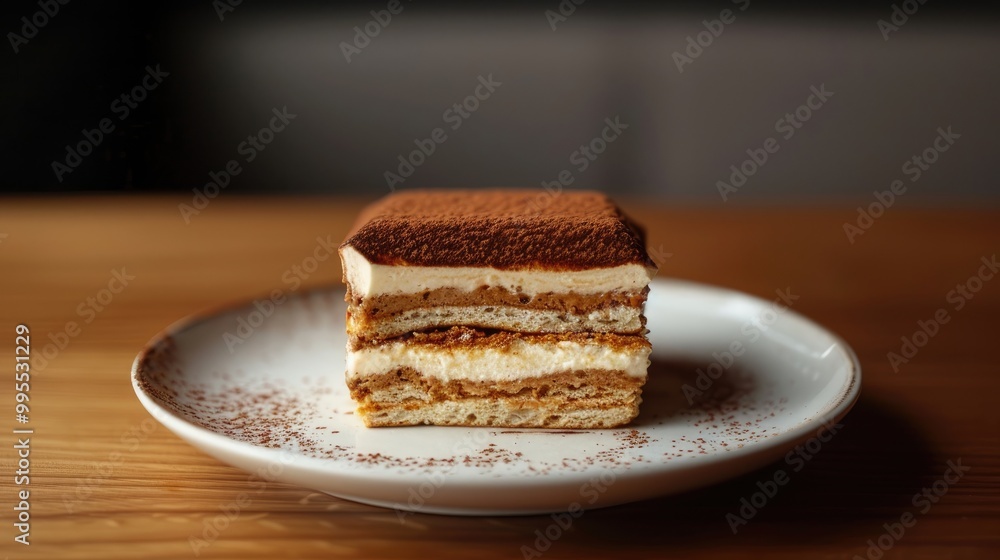 A decadent and indulgent slice of tiramisu, with layers of espresso-soaked ladyfingers and a rich, creamy mascarpone filling A decadent and indulgent slice of tiramisu, with layers of espresso-soaked ladyfingers and a rich, creamy mascarpone filling