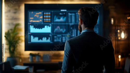 A man analyzes stock market trends, with vibrant graphs displayed on a digital screen, reflecting modern finance and technology.